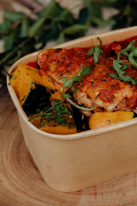 Grab'n'Go Chicken Breast with paprika and preserved lemon sauce. Sesame roasted pumpkin, capsicum & parsley (GF)(DF)