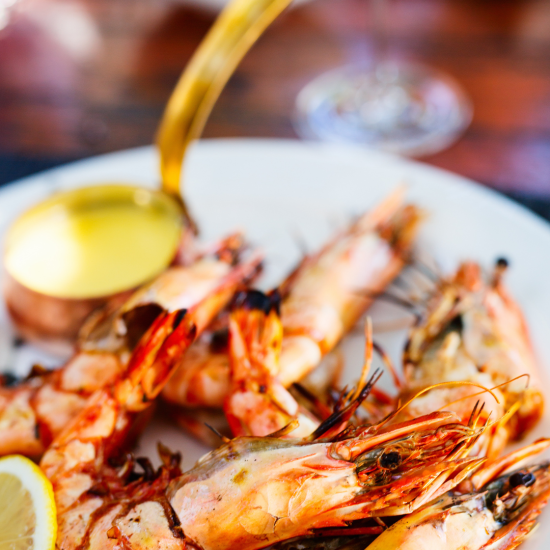 Qld Cooked Prawns Served with pickled Ginger Aioli and Lemons 