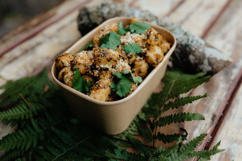Grab'n'Go Gnocchi with pulled pork, tamarind, ginger, lime, and piccolo salsa