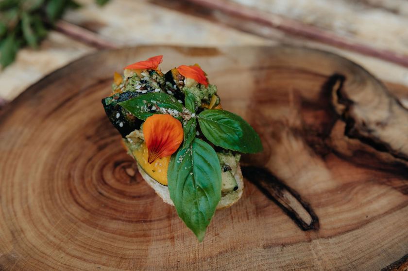 Breakfast Smashed avocado & roast pumpkin with dukkah on sourdough baguette (V)