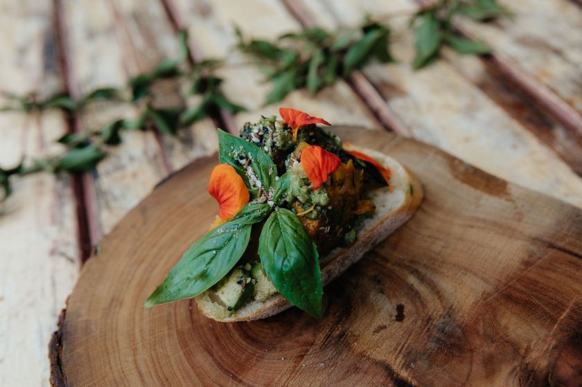 Breakfast Smashed avocado & roast pumpkin with dukkah on sourdough baguette (V)