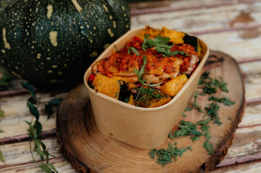 Grab'n'Go Chicken Breast with paprika and preserved lemon sauce. Sesame roasted pumpkin, capsicum & parsley (GF)(DF)