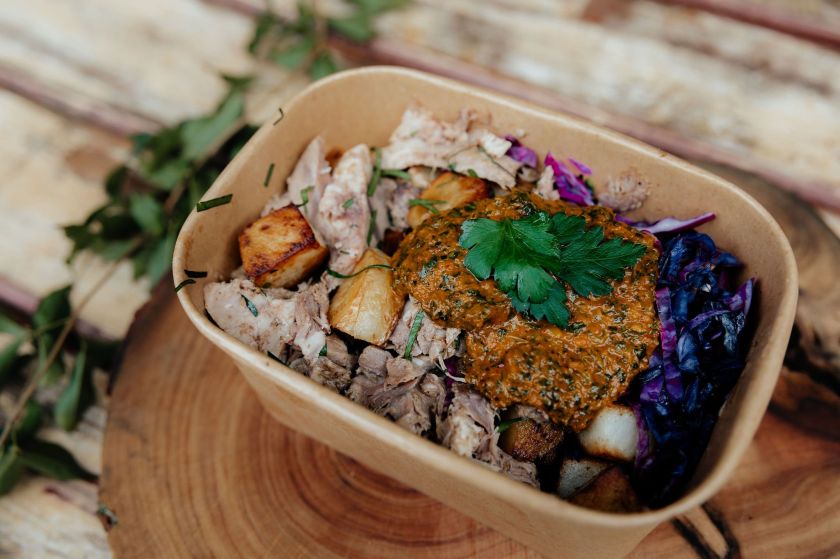 Grab'n'Go Lamb Shoulder slow cooked with our house rub. Parmesan Smashed New Potato with za’atar & baby carrots (GF)