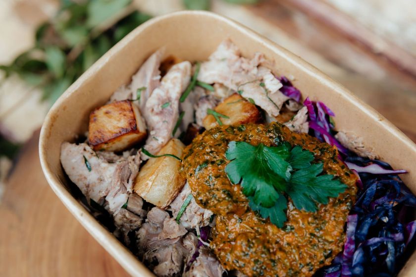 Grab'n'Go Lamb Shoulder slow cooked with our house rub. Parmesan Smashed New Potato with za’atar & baby carrots (GF)