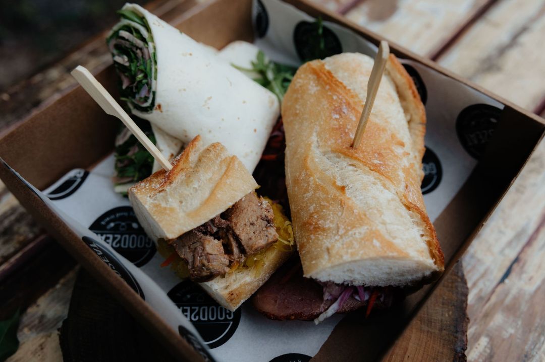 Baguette BBQ Tempeh with coconut yoghurt and fire-roasted capsicum