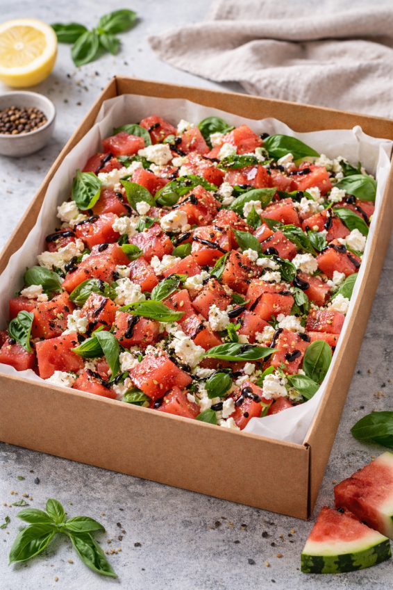 Boxed Cured Watermelon basil & feta salad GF