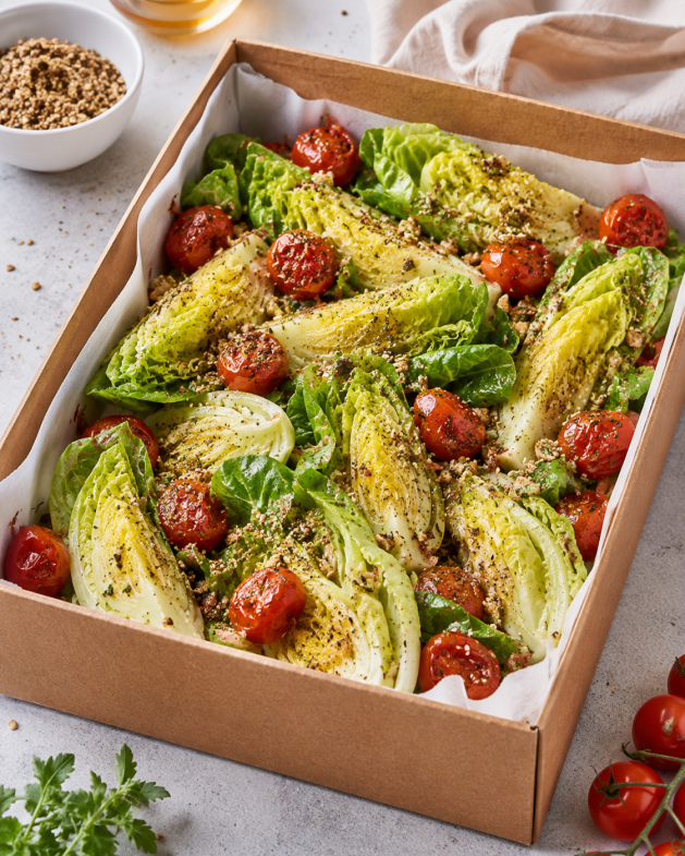Boxed - Baby Gem with confit cherry tomato dukkah and sherry vinegar GF DF V