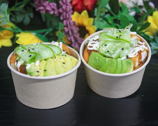Mini chicken katsu cups, katsu chicken, rice, cucumber, avocado, katsu sauce, mayonnaise