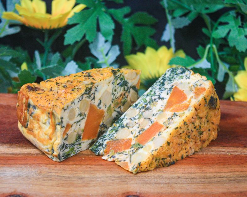 Roast carrot, harissa, chickpea & spinach frittata served with spiced yoghurt (gf, v)