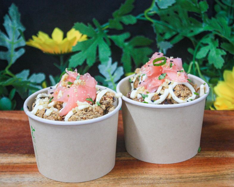 Karaage chicken cups with sushi rice, garlic aioli, pickled ginger and toasted peanuts (gf, df) 