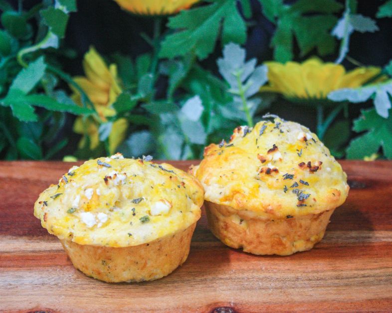 Pumpkin, feta & sage muffins with whipped butter (v) 