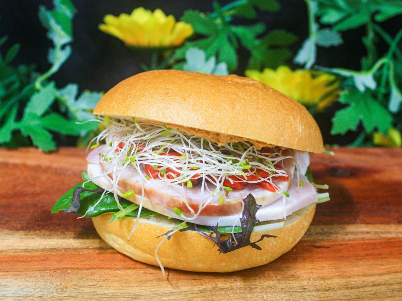 Brioche bun with ham, smoked paprika hummus, roasted capsicum, sprouts and chipotle aioli 