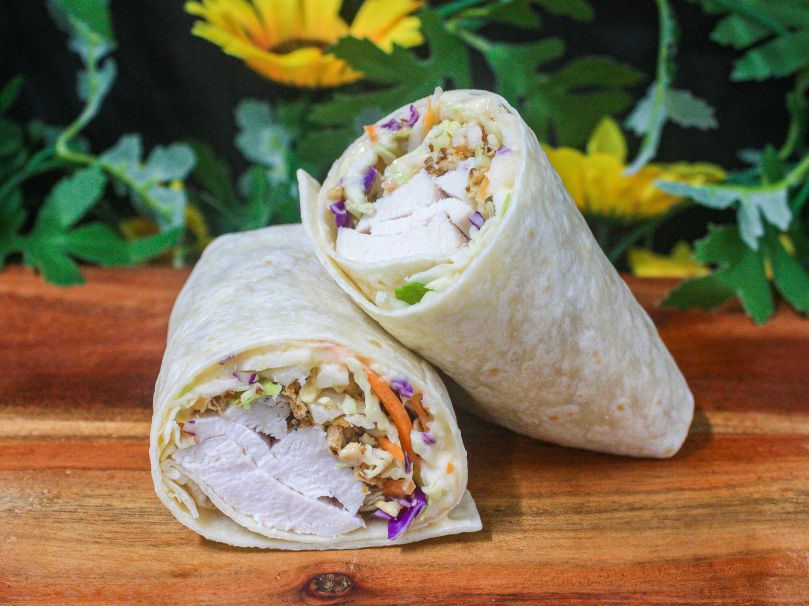 Tortilla wrap with chicken, nam jim mayo, slaw, toasted peanuts and crispy shallots (df) 