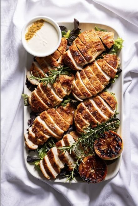 Boxed Crispy Skin Chicken Breast with charred lemon 