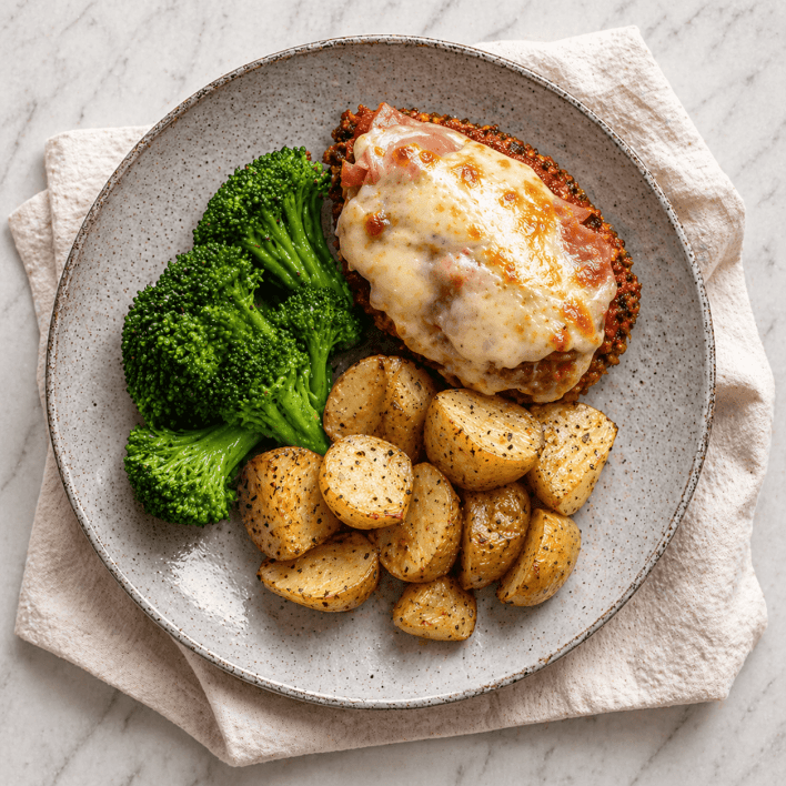 Chicken Parmigiana with prosciutto, roasted potatoes and steamed broccoli
