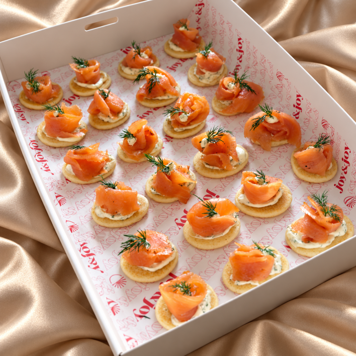Smoked Salmon Blini with Crème Fraîche – Box of 24