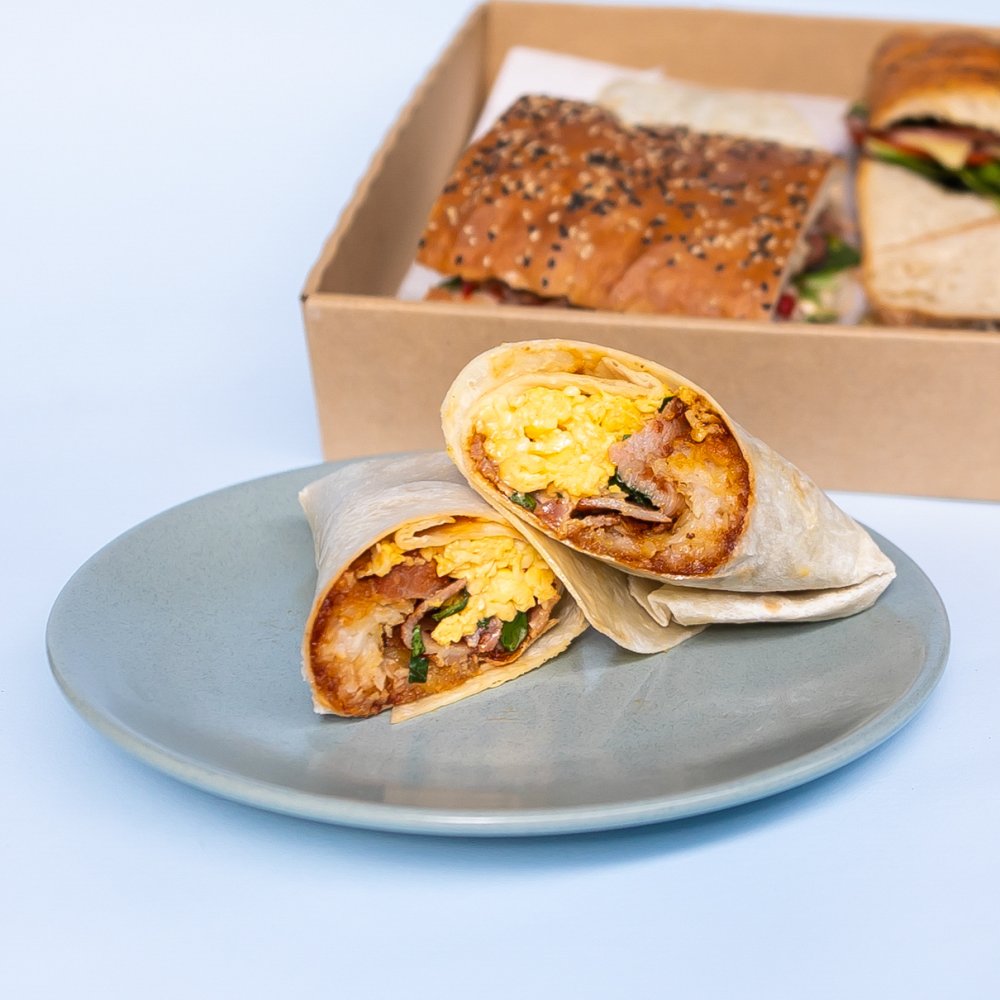 MELBA Breakfast Wrap Bacon, Egg, Spinach, Hashbrown, Cheese, Aioli