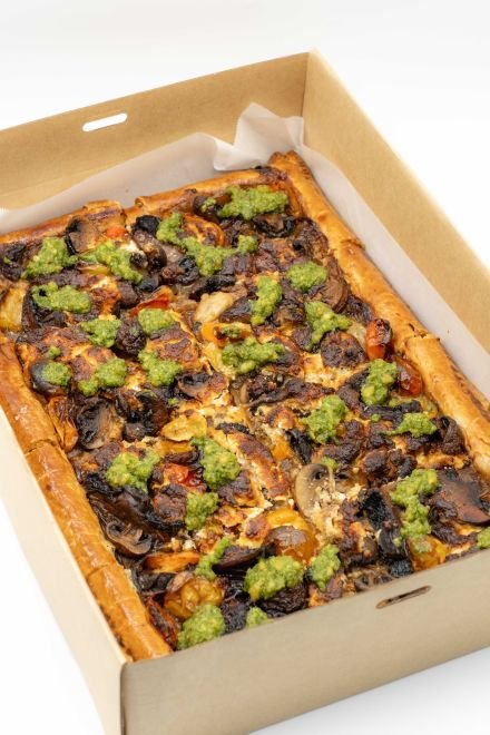 Savoury Vegetarian Galette w Cherry tomato, Globe Artichoke, Caramelised Onion, Meredith Goats Cheese & Macadamia Pesto, Serves 8