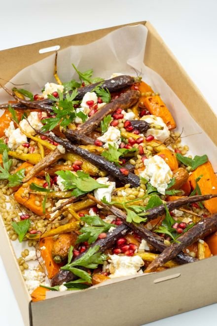 Roasted Carrot Salad w Farro, Feta, Mint, Pomegranate & Vincotto Dressing, Serves 8-10