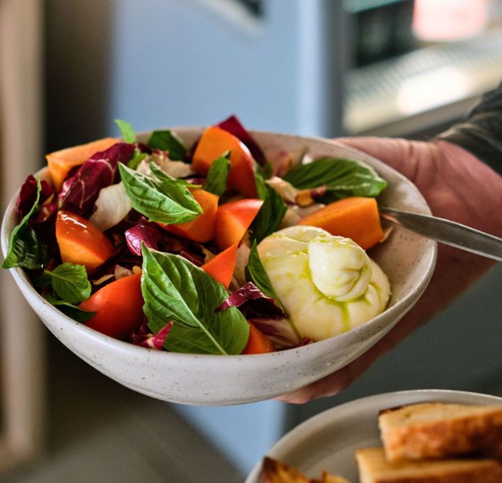 Burrata w Persimmon, Radicchio, Hazelnut and Vanilla Dressing Serves 3-4