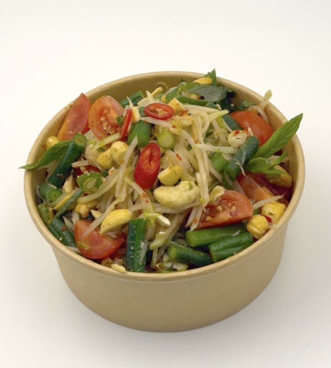 Green papaya salad w snake beans, cherry tomato, bean shoots, coriander, Thai basil & nuoc cham dressing 