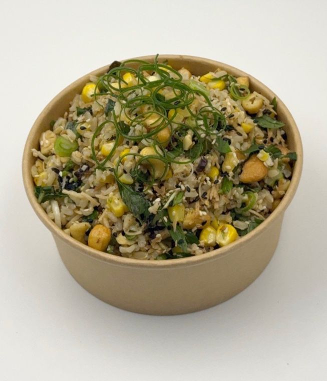 Crunchy brown rice salad w corn, cashew, sesame, fried onion, shallot, coriander & palm sugar dressing 
