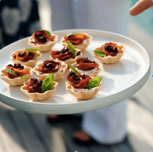 Tartlet of Heirloom Tomato, Goats Curd, Candied Olive & Basil x 24