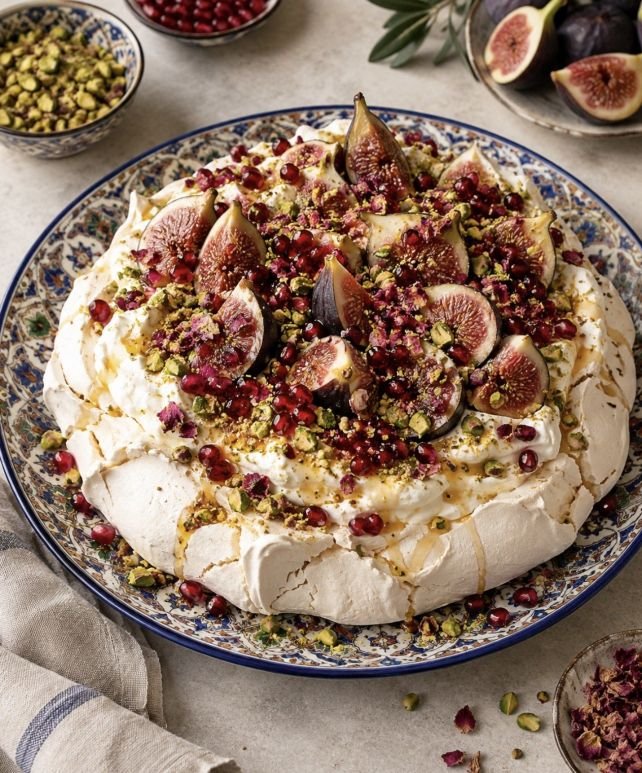 Pavlova w Fresh Fig, Raspberry & Pomegranate, Whipped Mascarpone, Pistachio, Honey & Rosewater Syrup 