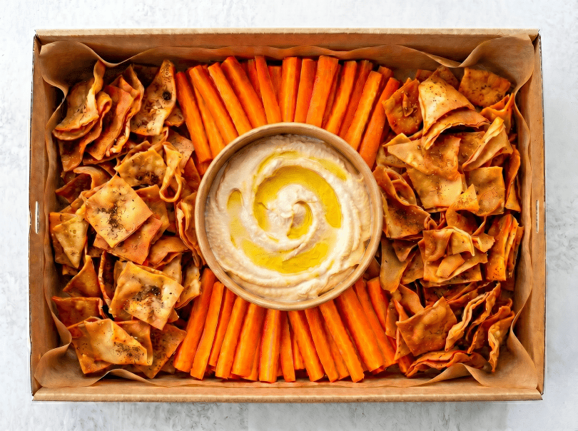 Dip Platter with Carrots & Crispy Herb Pita Chips