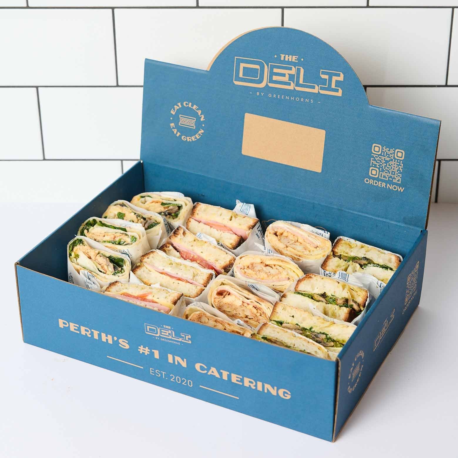 The Deli by Greenhorns corporate catering box with freshly prepared sandwiches and wraps