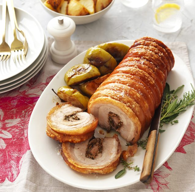 Pork & sage porchetta (2.2 kg), calvados caramel apples, wilted greens 